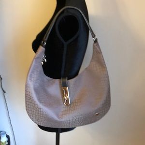 LaBagagerie taupe lined purse w/gold accents